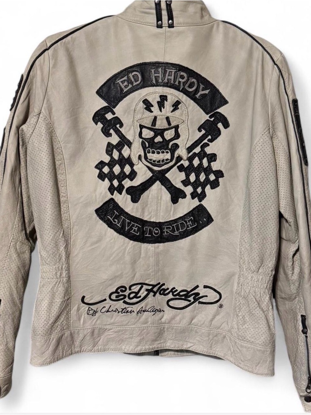 Ed Hardy Men’s Tan Leather Jacket - Live to Ride Skull Patch
